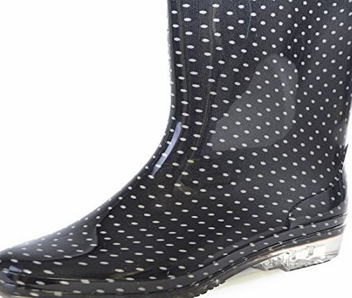 � Ladies Short Black Spot / Polka Dot Print Wellington Boots [Size 5, Black With White Spots / Polka Dots] - [INTERNAL REF: FT918]